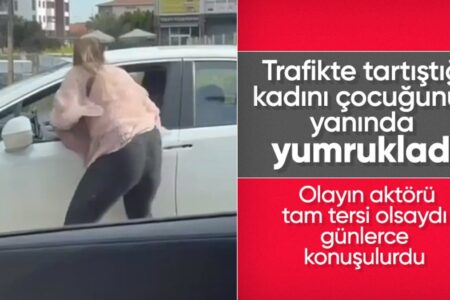 In Adana schlug eine Frau im Straßenverkehr ihren Mitmenschen, mit dem sie sich gestritten hatte.