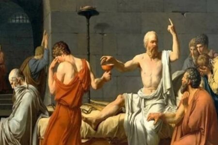 Er wurde zum Tode verurteilt, er dachte nicht daran, um Vergebung zu bitten, Sokrates wirft ihm vor: Sie haben mich mit Ihren Stimmen verurteilt